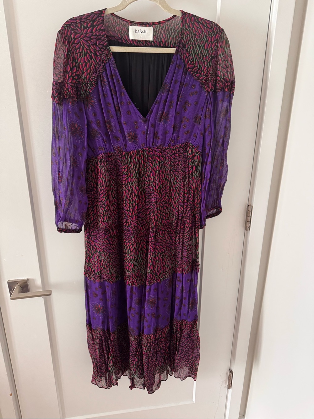 ba&sh Purple and Pink Long Sleeve Printed Midi Dress
